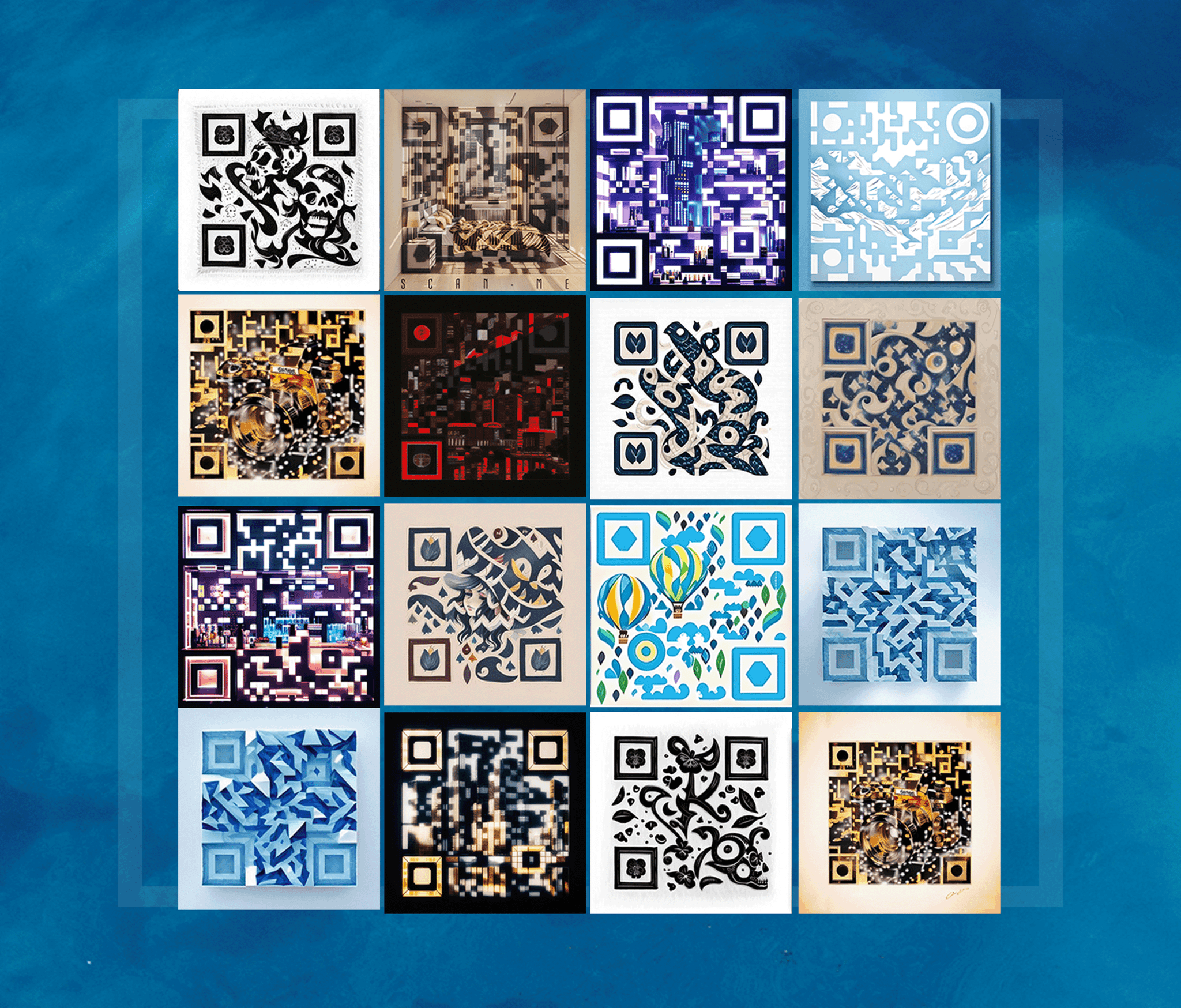 Arrary of stylized QR codes.