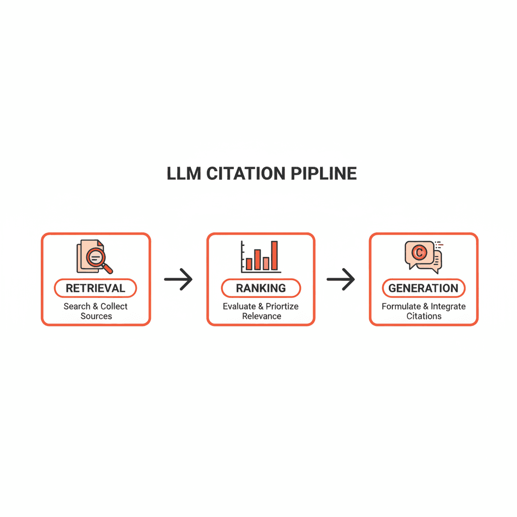 LLM citation pipeline diagram showing retrieval, ranking, and generation stages