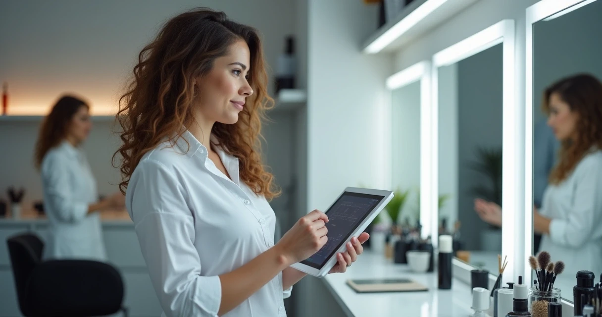 Profissional da beleza usando tablet em salão moderno, com interface digital visível 