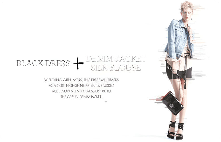 Neiman Marcus fashion editorial showing model in black dress with denim jacket and silk blouse styling combination