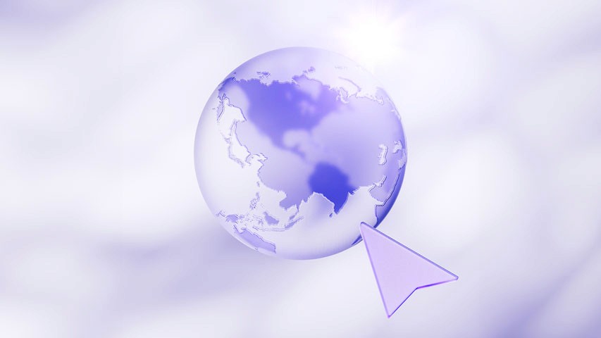 A globe made of glass material and a purple glass cursor, they are both in a brightly lit environment