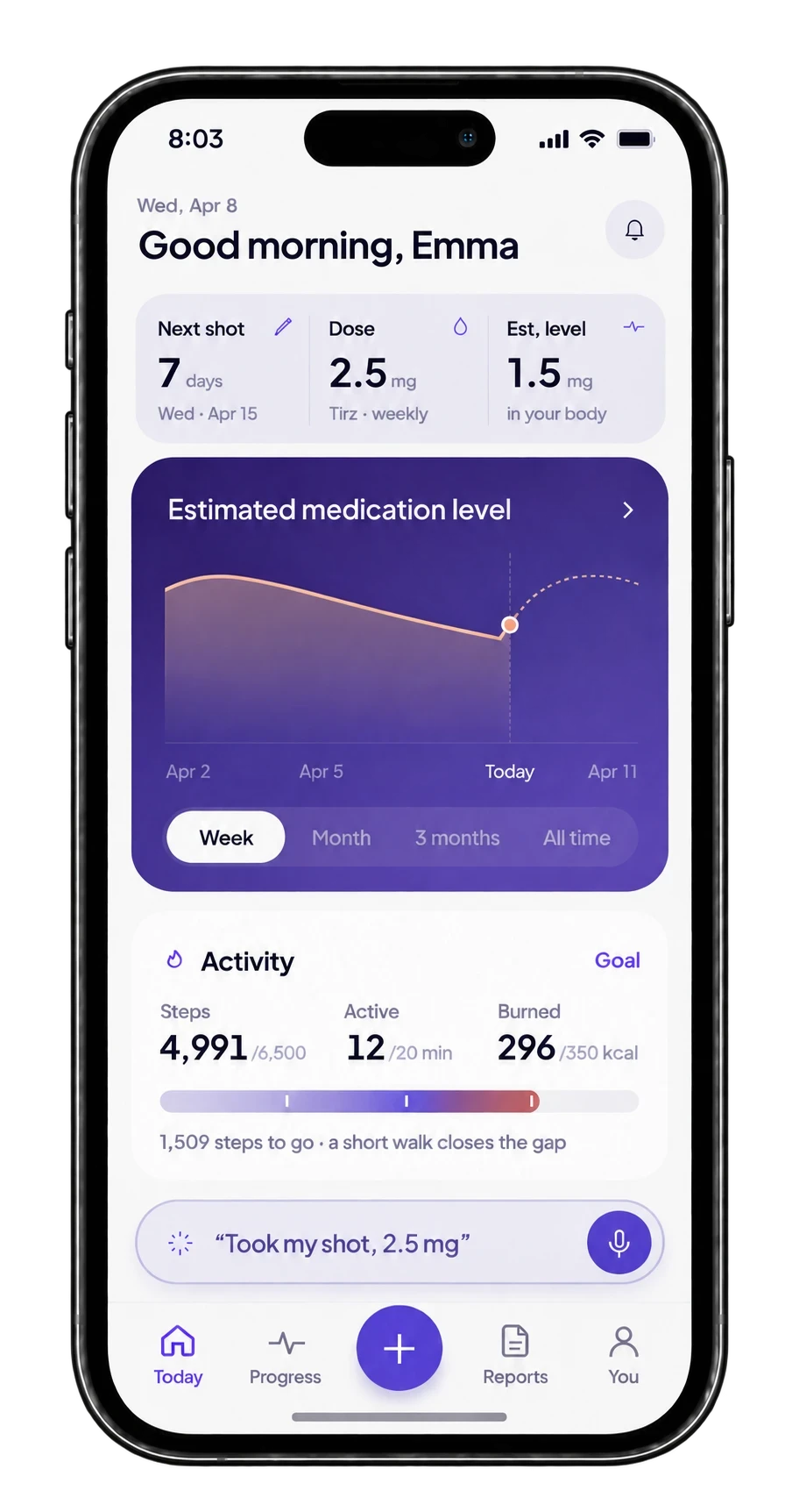 The Nudge app Today screen showing seven days to the next tirzepatide shot, a 2.5 mg weekly dose and an estimated 1.5 mg still in your body