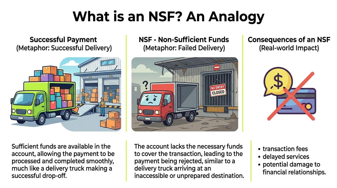 An infographic explaining the concept of non-sufficient funds using a delivery truck and warehouse analogy.
