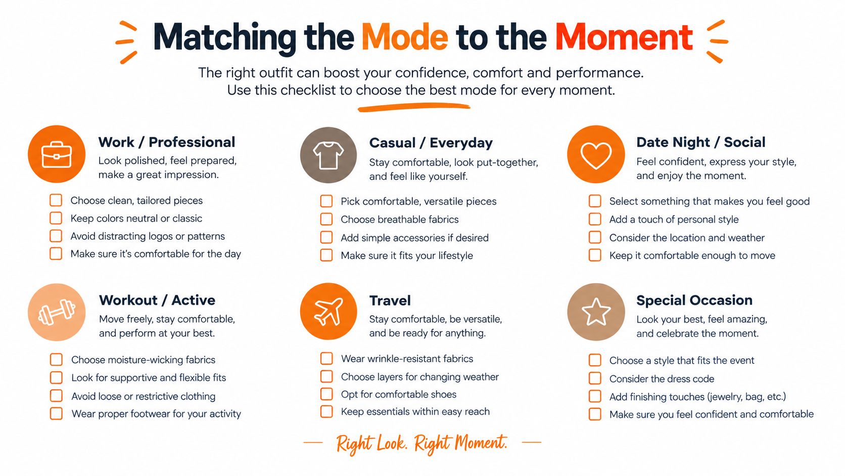A checklist infographic titled Matching the Mode to the Moment, detailing clothing tips for various life situations.