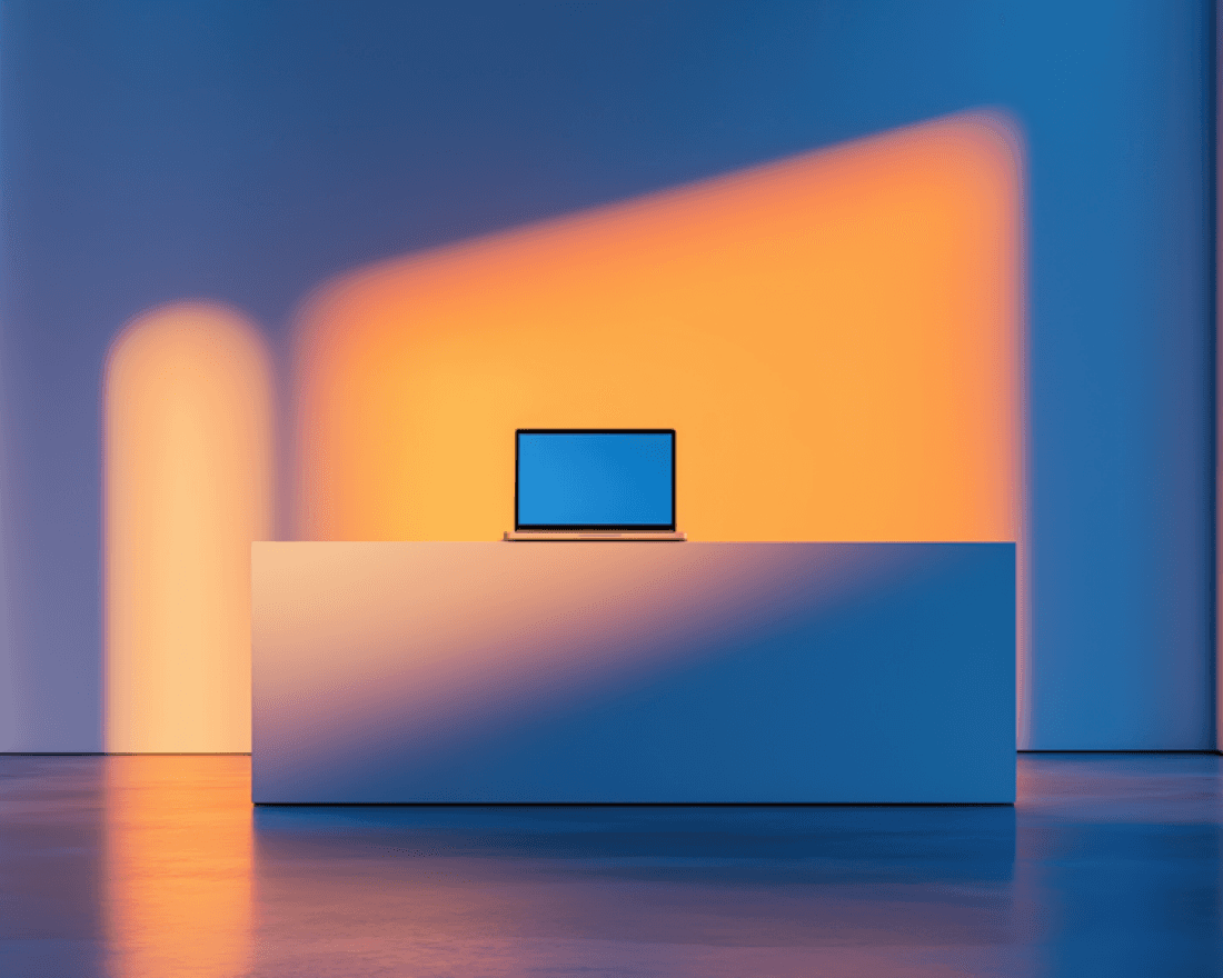 Laptop on white desk with dramatic orange and blue lighting background.