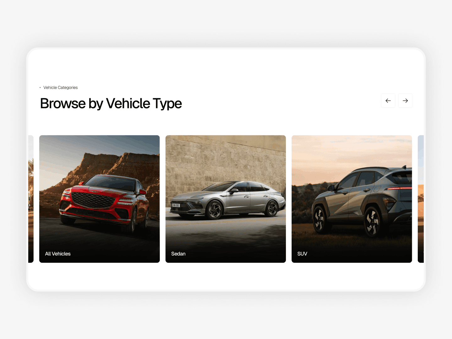 Car dealership website category section showing vehicle types such as SUV, sedan, and all vehicles for browsing inventory