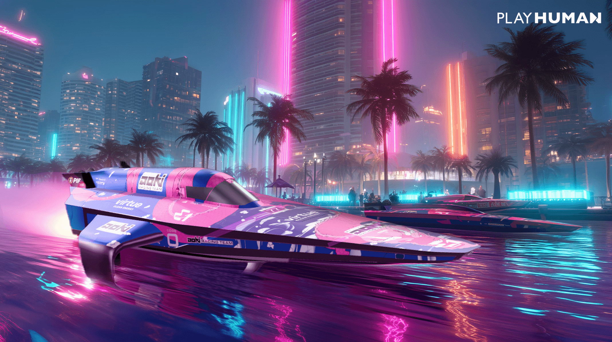 Branded powerboat racing through a neon-lit cyberpunk cityscape in a Playhuman immersive 3D virtual world
