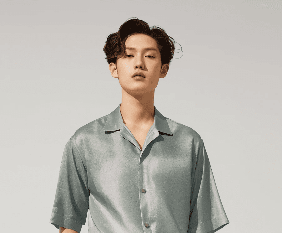 Young man in sage green button-up shirt and beige pants