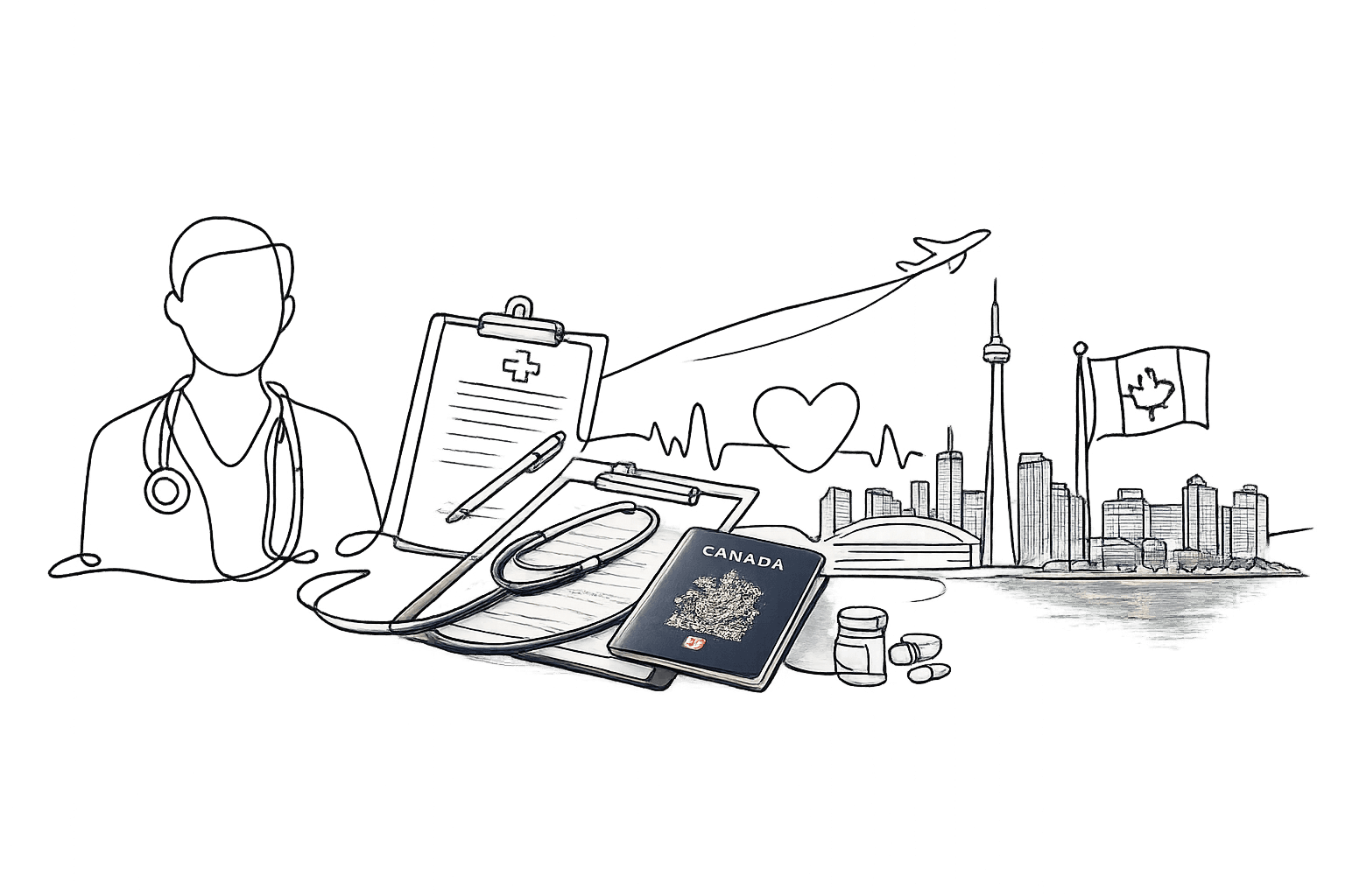 Abstract continuous line illustration symbolizing an IRCC panel physician immigration medical exam process for Canadian permanent residence