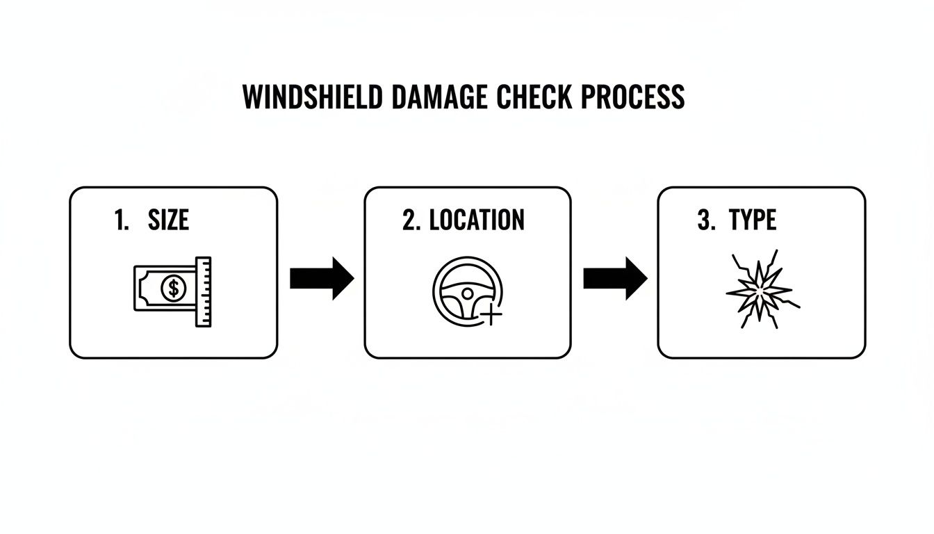 A flowchart outlining the windshield damage check process, detailing steps for size, location, and type.