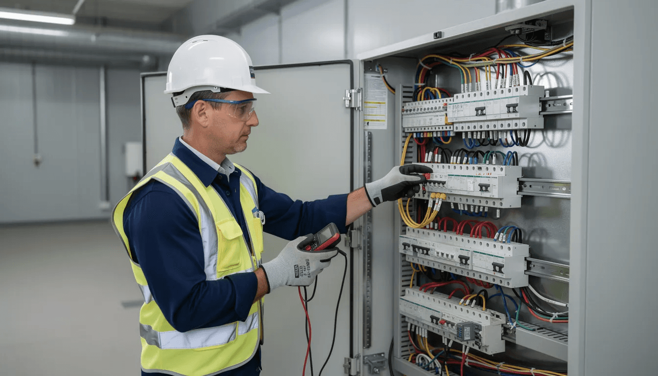A professional electrician is conducting a thorough inspection of an electrical panel, using testing equipment to assess the condition of the circuit breakers and electrical wiring. This careful examination ensures the safety and functionality of the entire electrical system in the home.