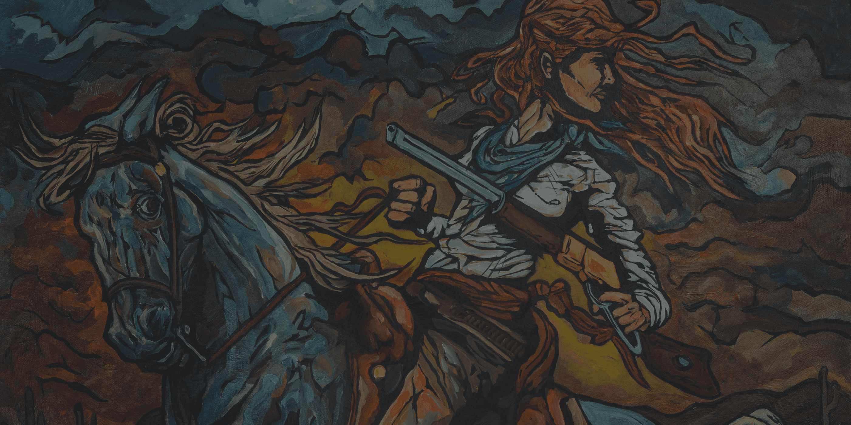 An image of a woman in old western clothes holding a rifle and riding away from the direction she is looking in. The horse is blue and the background is firey and blue.