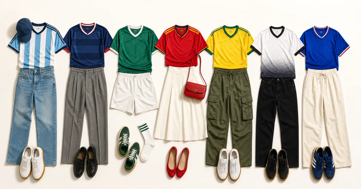 Seven match-day outfits combining colorful football jerseys with jeans, trousers, shorts, skirts, and layers