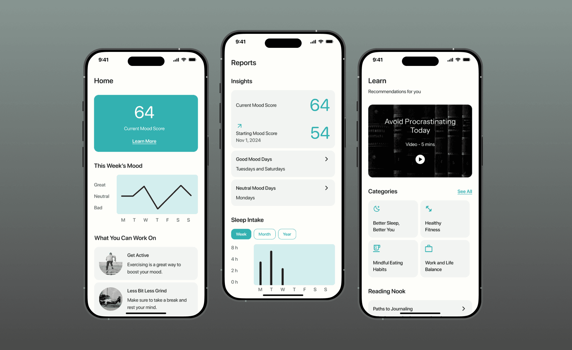 3 mobile device mockups of bluemind app