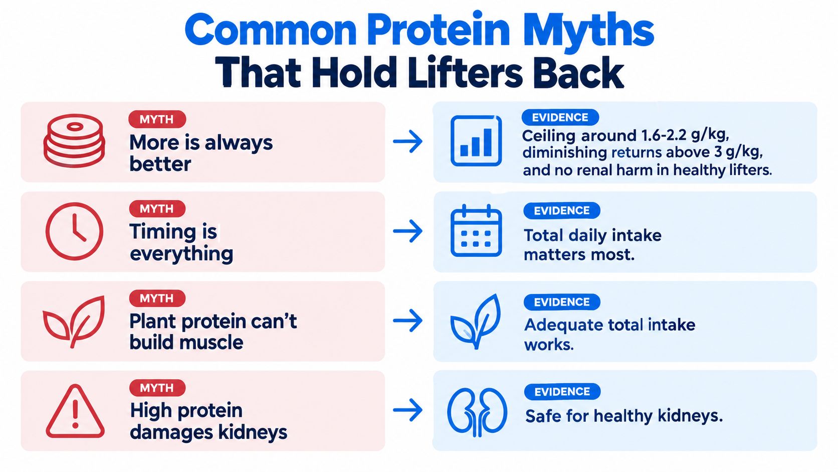 An infographic detailing common myths and scientific evidence regarding protein intake for muscle building and health.