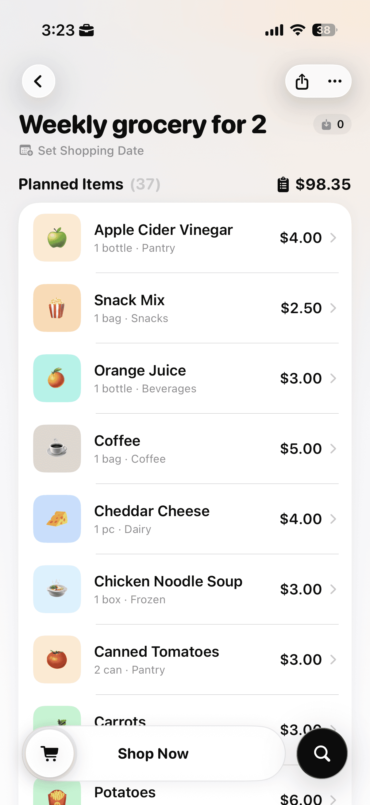 Cart AI generated weekly grocery list showing planned items, quantities, categories, prices, and estimated total.