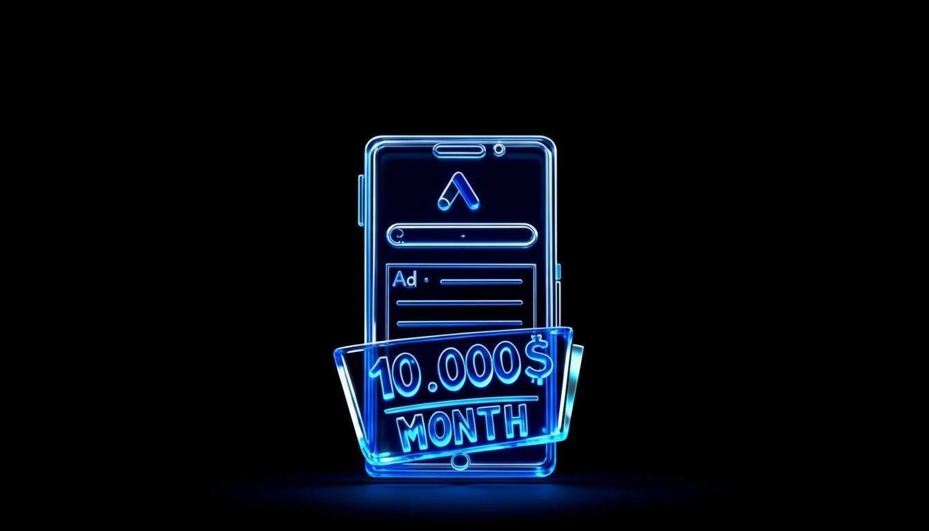 A big mobile screen with Google Ad Grants highlighting ,000 USD for free per month for nonprofits