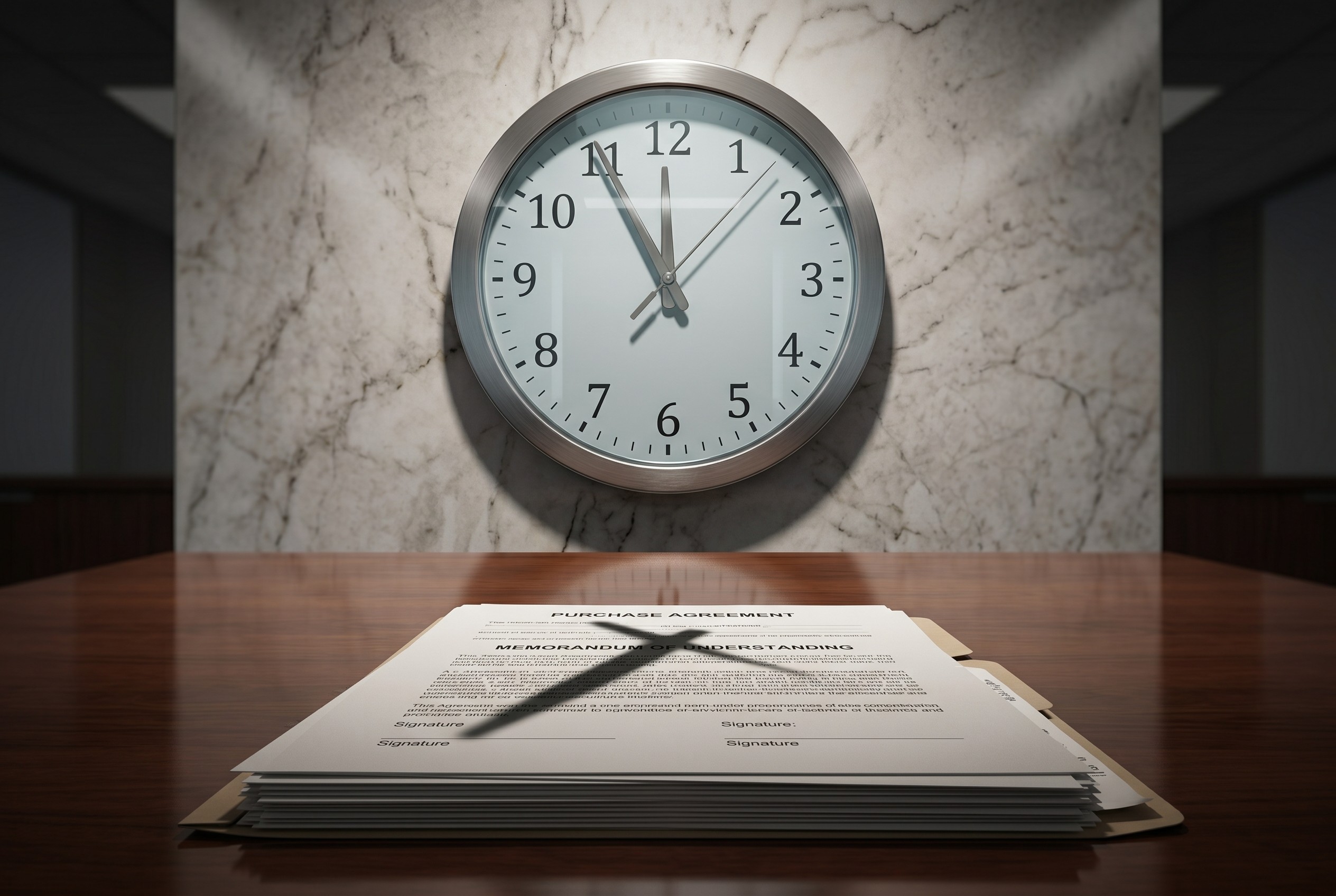 Institutional clock on marble wall showing 11:55 casting shadow across stack of unsigned deal documents on polished table below