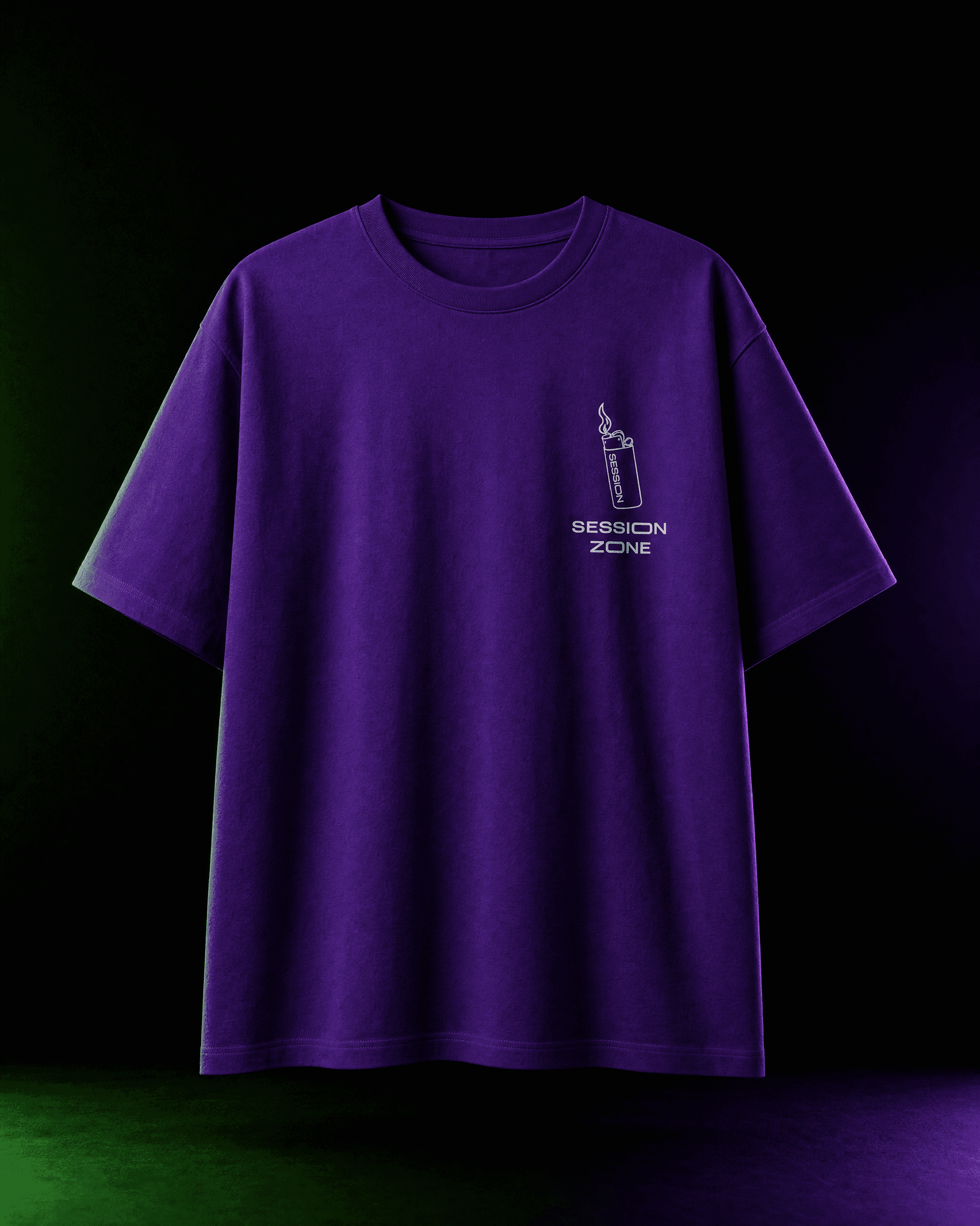 Front of a purple Session Zone T-shirt with a small lighter graphic and SESSION ZONE lettering on the left chest.