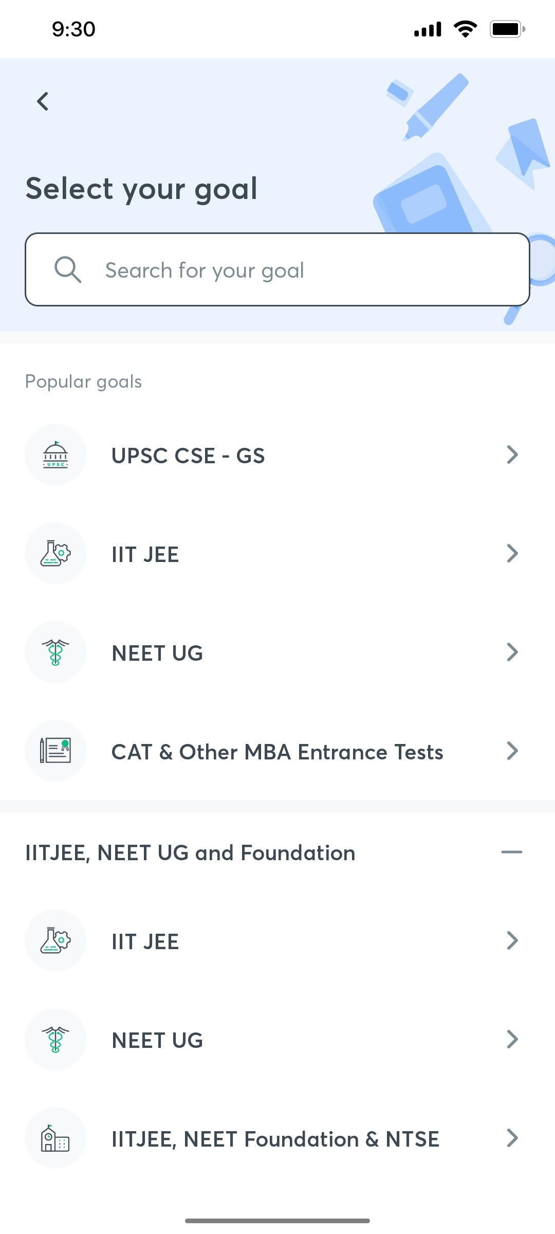 Unacademy Select Your Goal Screen