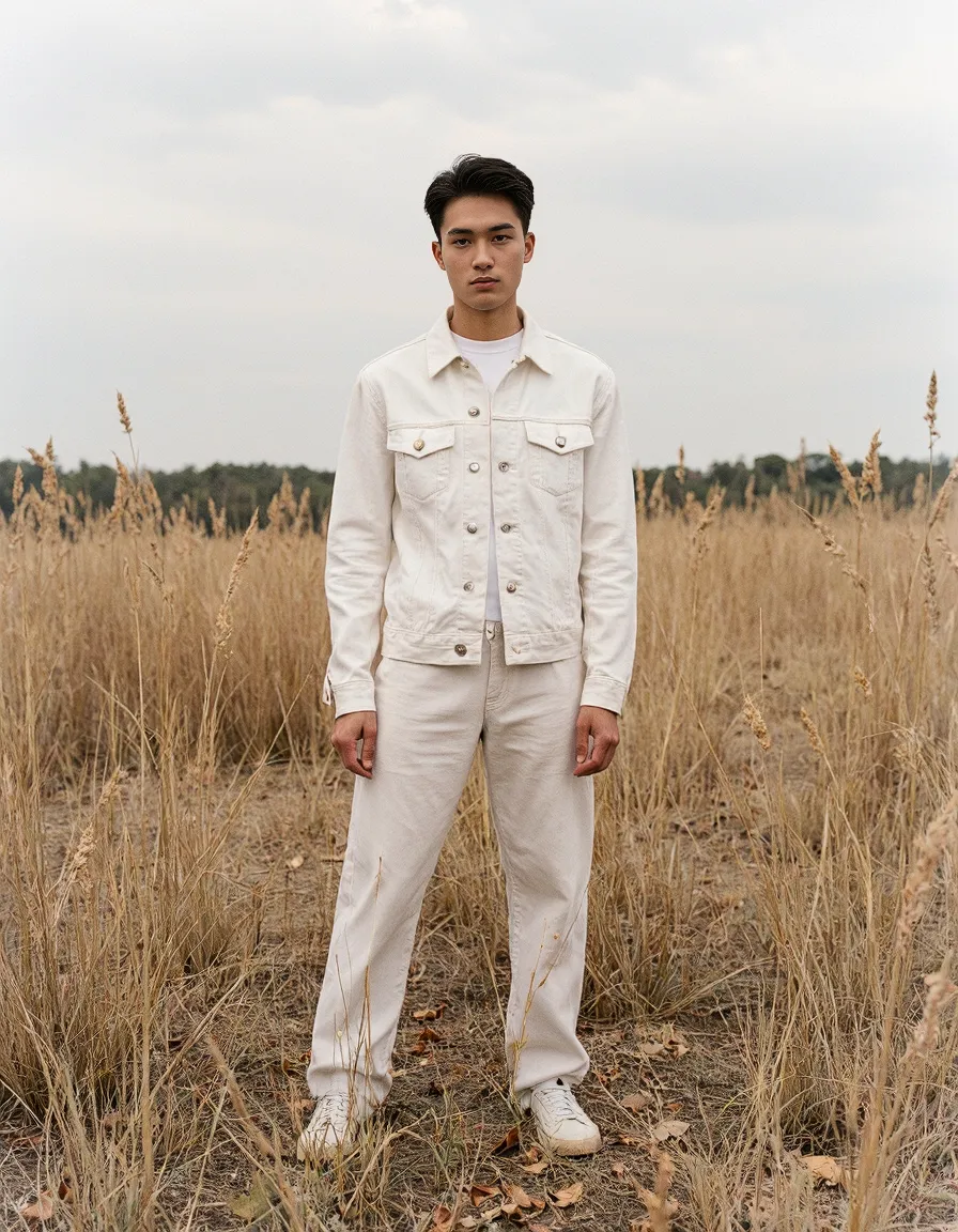 Fashion portrait featuring a person in an all-white denim outfit standing in a golden wheat field under a soft cloudy sky.