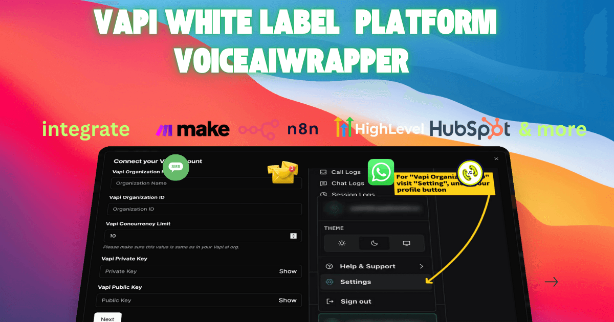 Vapi white label platform for agencies. | Automated billing, branded client portals, campaign analytics, and 100% revenue retention. | VoiceAIWrapper. - Simple Vapi connection interface displaying organization setup fields, secure API key input with visibility toggles, concurrency limit configuration, and immediate preview of white label client portal featuring call logs, chat logs, session tracking, theme options, help support, and settings. Integrations include Make, n8n, GoHighLevel, HubSpot, and more automation platforms. | VoiceAIWrapper