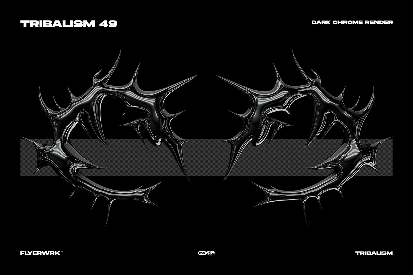 Tribalism vector shape dark chrome render with sharp metallic tribal spikes