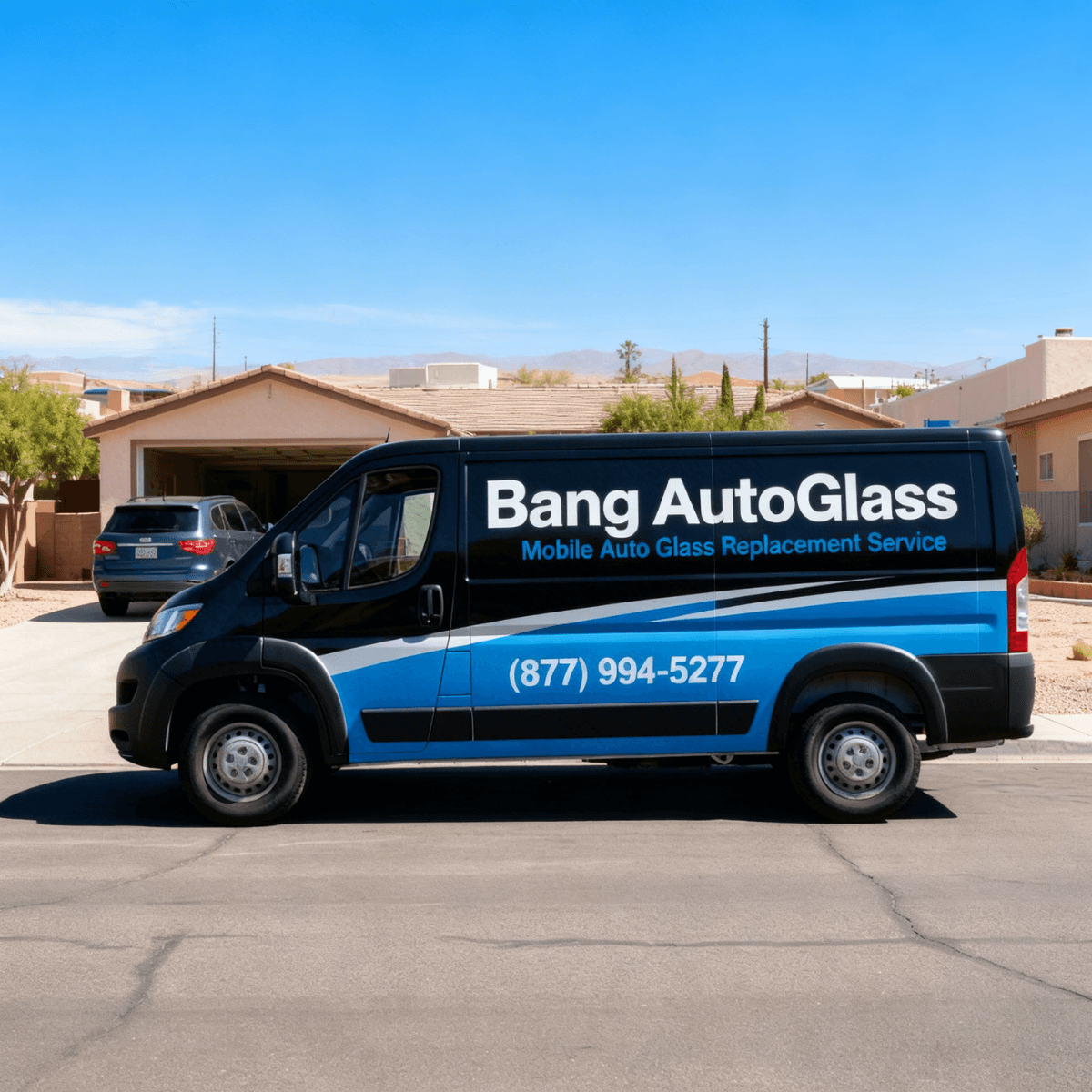 Bang AutoGlass mobile windshield replacement van parked outside a customer's home in South Tucson, AZ