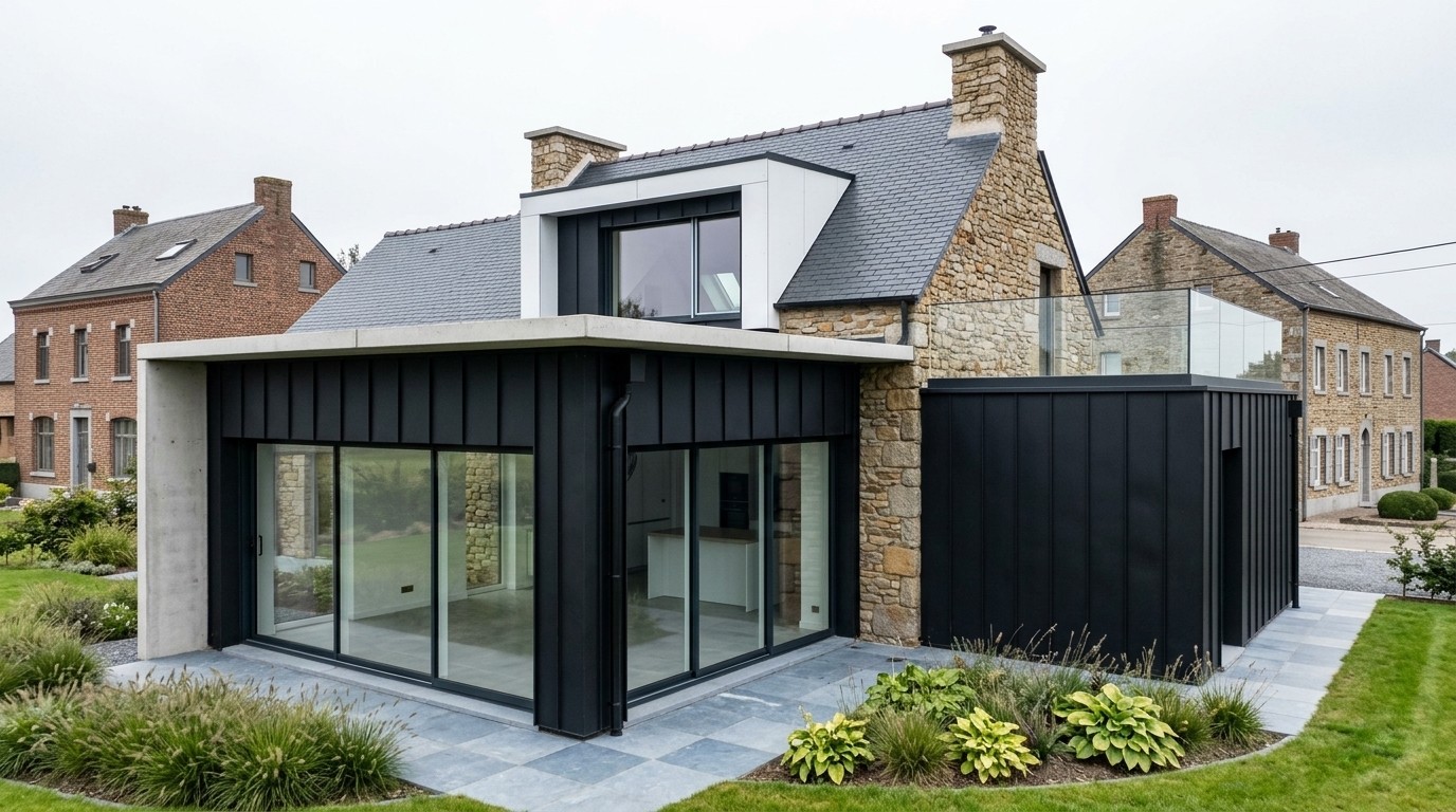 Modern minimalist house with large glass windows and a flat roof, surrounded by lush greenery. A serene pool reflects the trees and the sky. Peaceful ambiance.