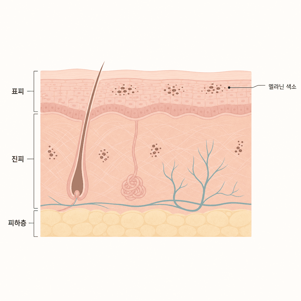 표피와 진피 — 색소가 자리잡는 깊이 차이
