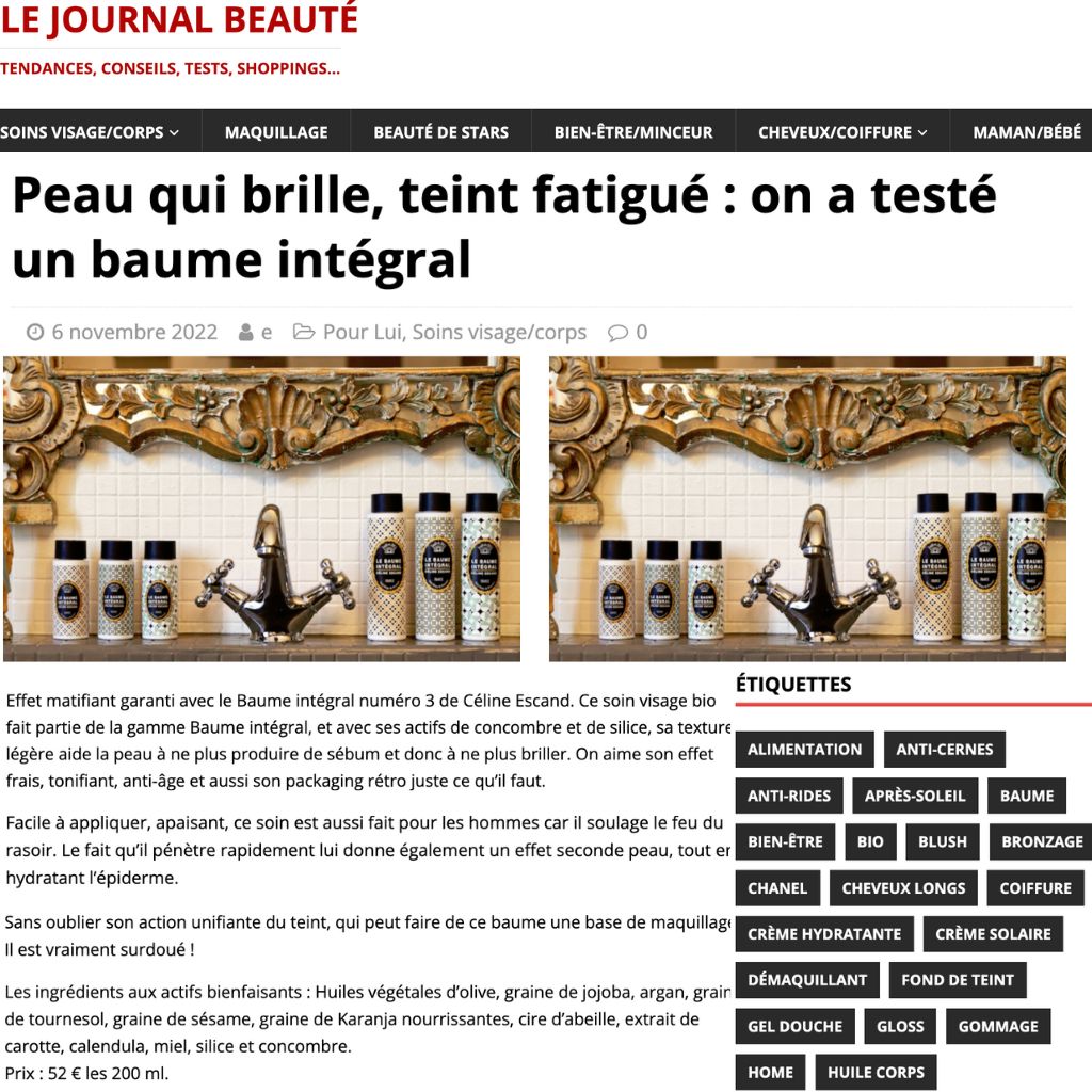 Article du Journal Beauté testant Le Baume Intégral N°3 de Céline Escand, soin bio anti-brillance et hydratant pour le visage, présenté dans un décor doré élégant
