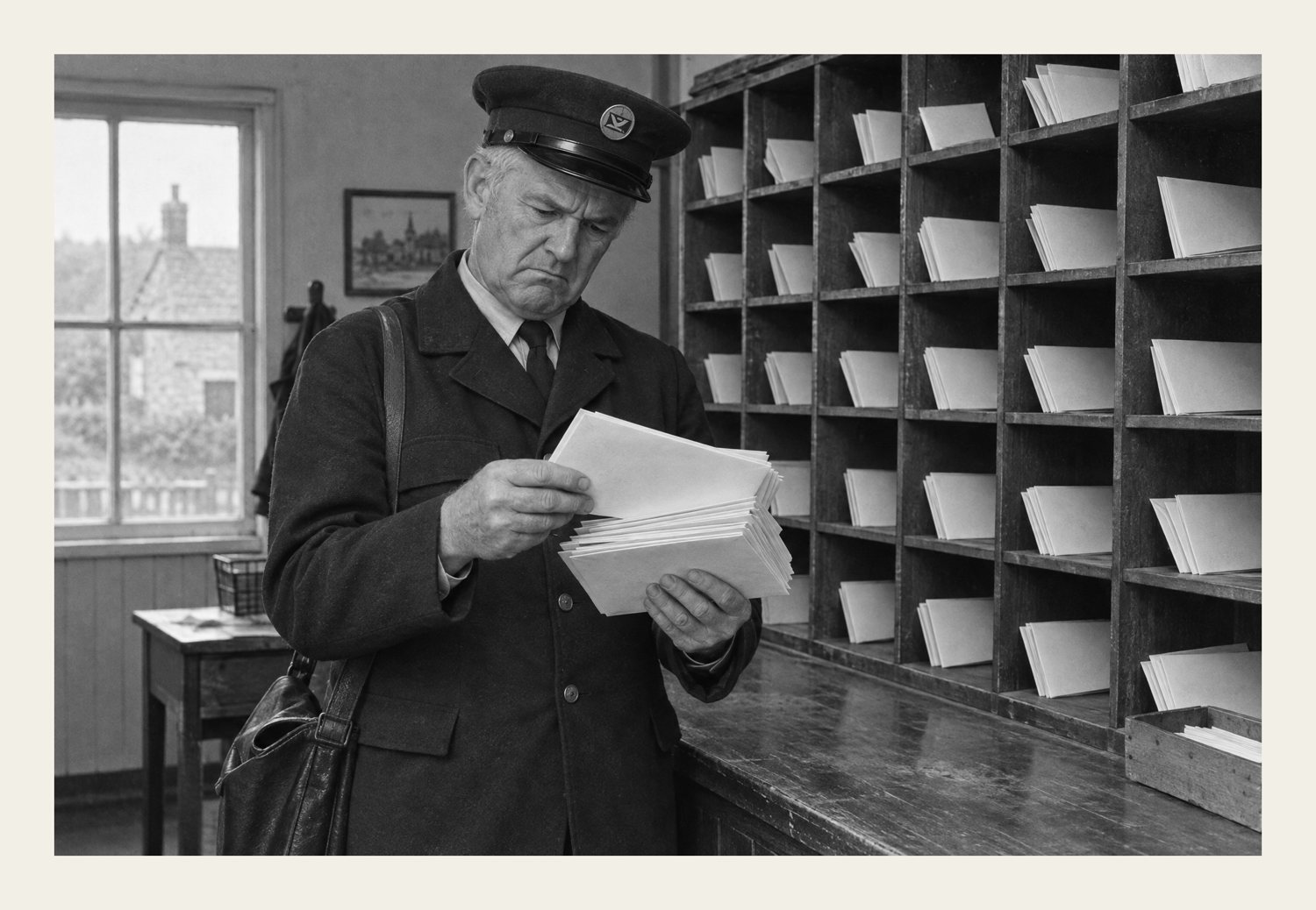 Black-and-white print of a postman frowning at a bundle of blank envelopes in front of sorting pigeonholes