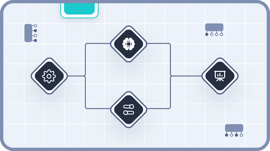 Flowchart diagram illustrating a process with connected nodes, set against a grid background, representing workflow and automation concepts.