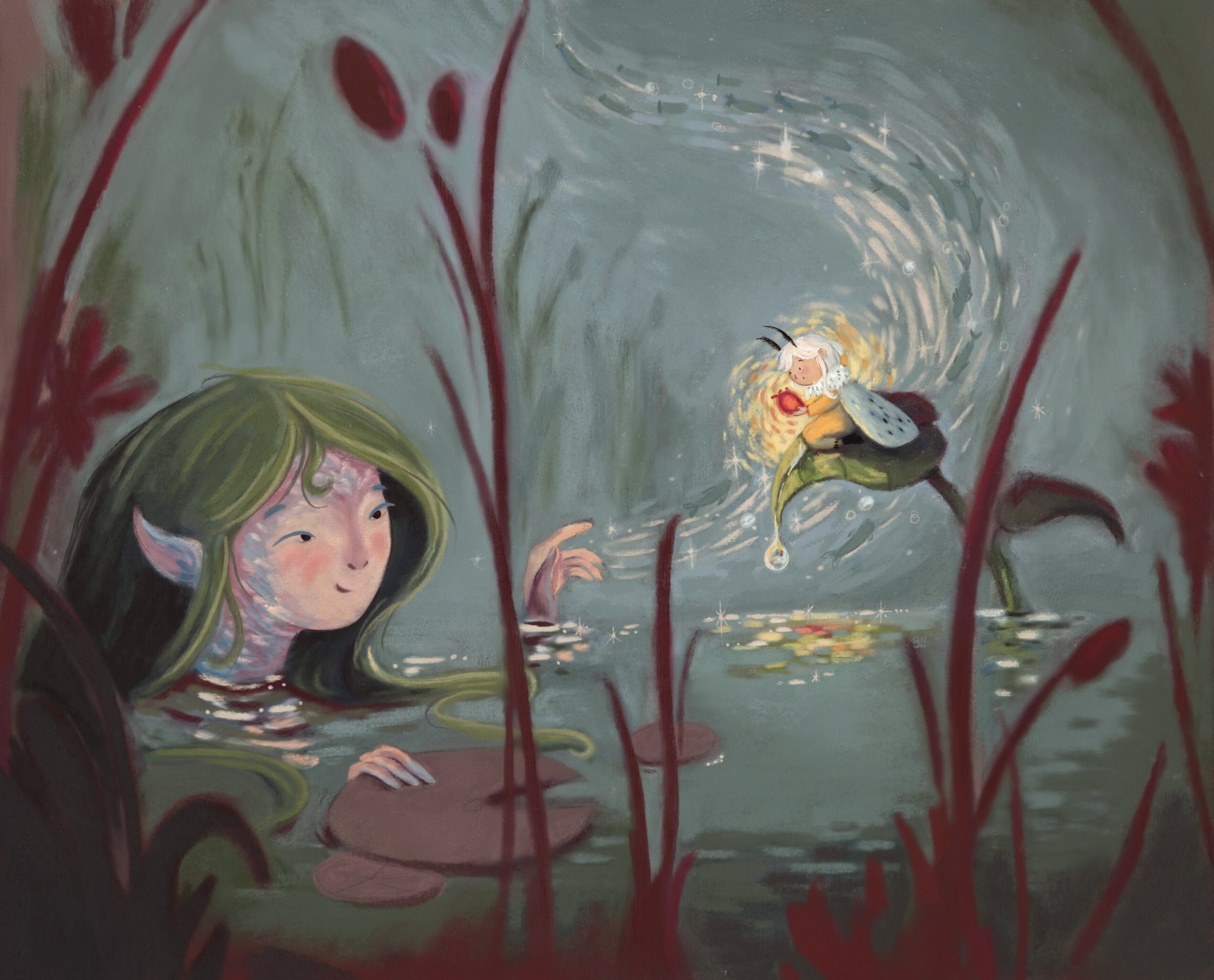 A moth fairy receiving a glowing magical heart from a water goddess in a lake at night.
