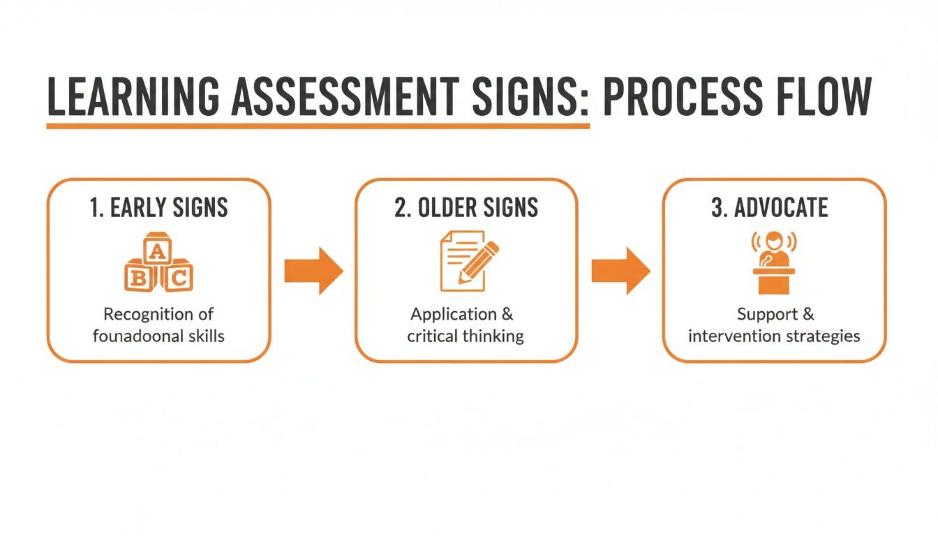 A flowchart outlining three steps for learning assessment signs: early recognition, critical thinking, and advocacy strategies.
