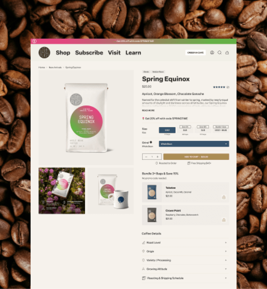 Shopify product detail page for Sightglass Coffee coffee beans with purchase options and product information