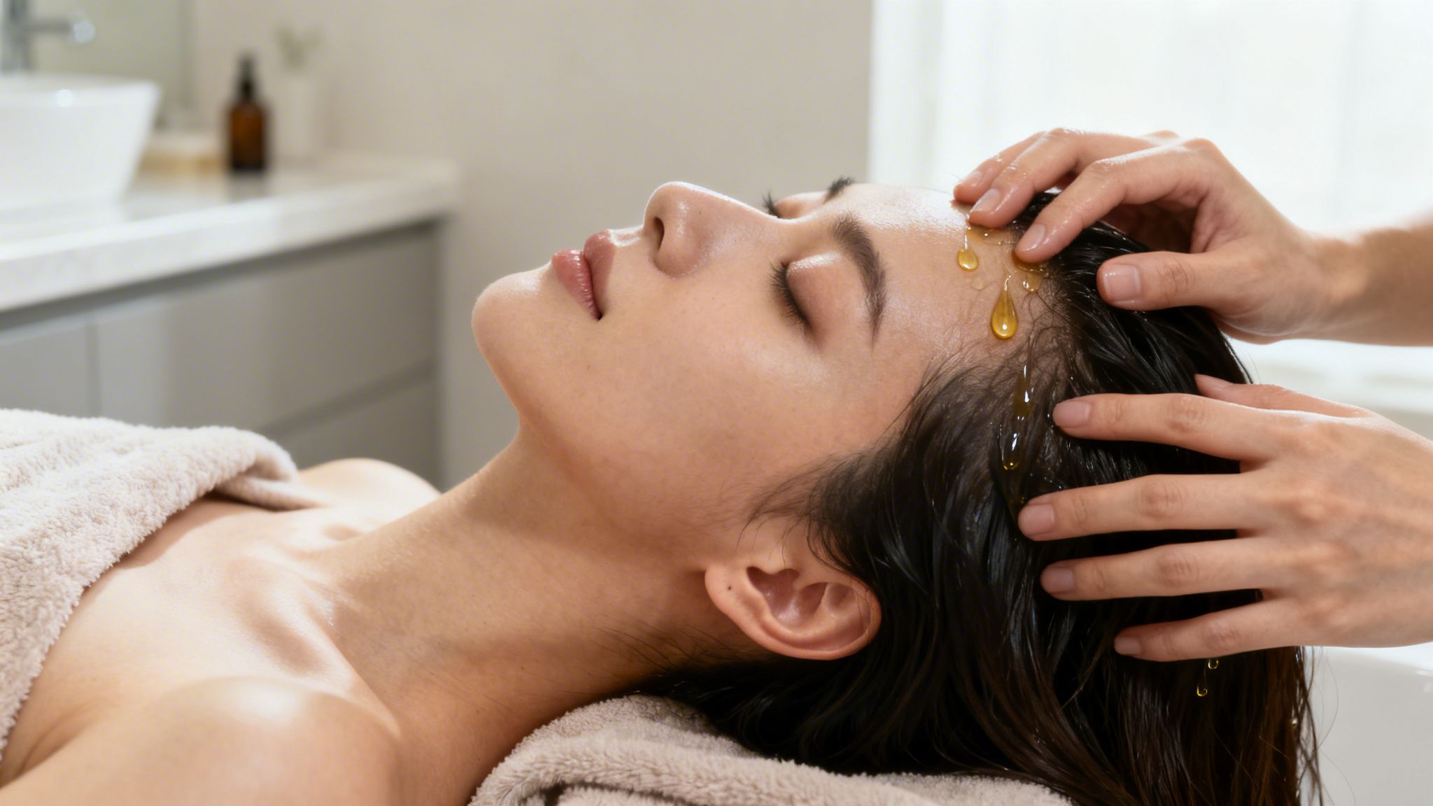 Hands gently apply nourishing oil to a woman's scalp during a relaxing spa treatment.