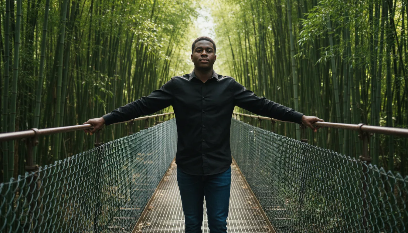 DSLR photograph of a young Black man standing centered on a narrow pedestrian suspension bridge, looking directly at the camera. He is wearing a black long-sleeve button-down shirt and dark blue jeans, with his arms outstretched, resting on the high chain-link fence railings of the bridge. The bridge, an example of an AutoCAD engineering project, has a weathered metal grate walkway creating strong leading lines into the background. It is surrounded by a lush, dense forest of green bamboo trees. The scene is lit by bright natural daylight, creating high contrast and deep shadows from the foliage.