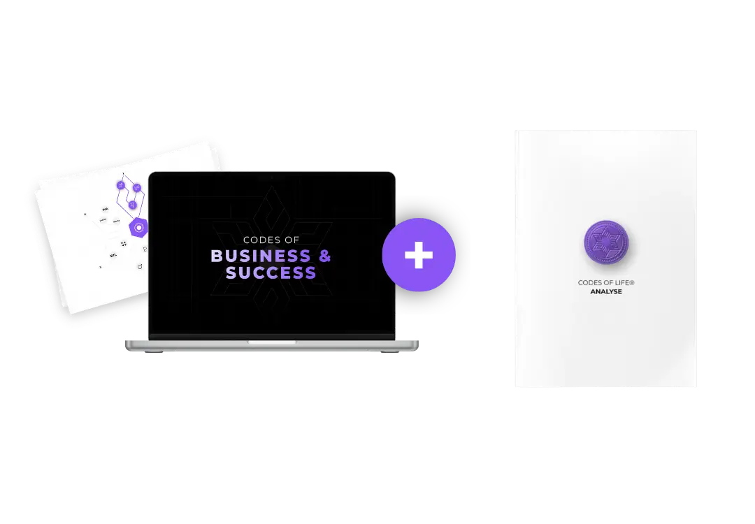 Produkt Mockup aus Laptop und Materialien zum Codes of Business & Sucess Workshop und dem Bundle mit der Analyse, dargestellt an einem weiteren Mock-Up aus Beispielseiten aus der Auswertung
