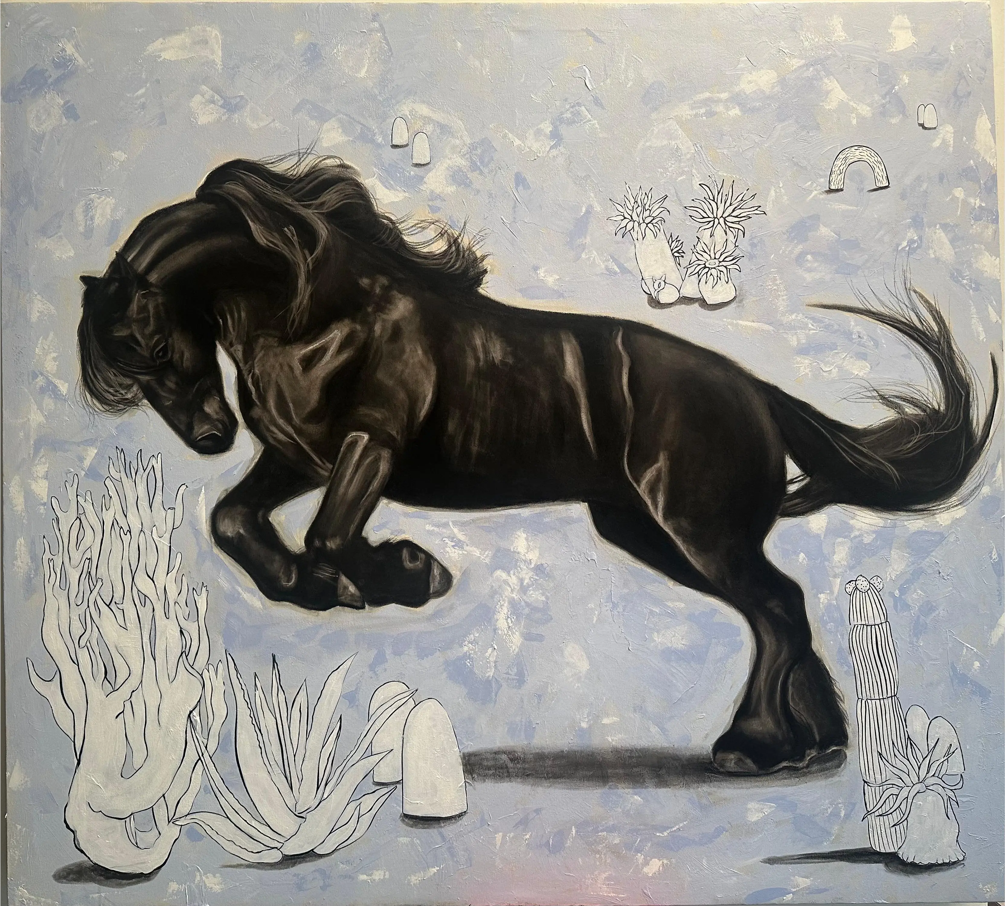 A striking painting of a powerful black horse in motion against a textured, pale blue-gray background. Surrounding it are outlined botanical sketches, cacti, and abstract forms, blending realism with unfinished line art for a surreal contrast.