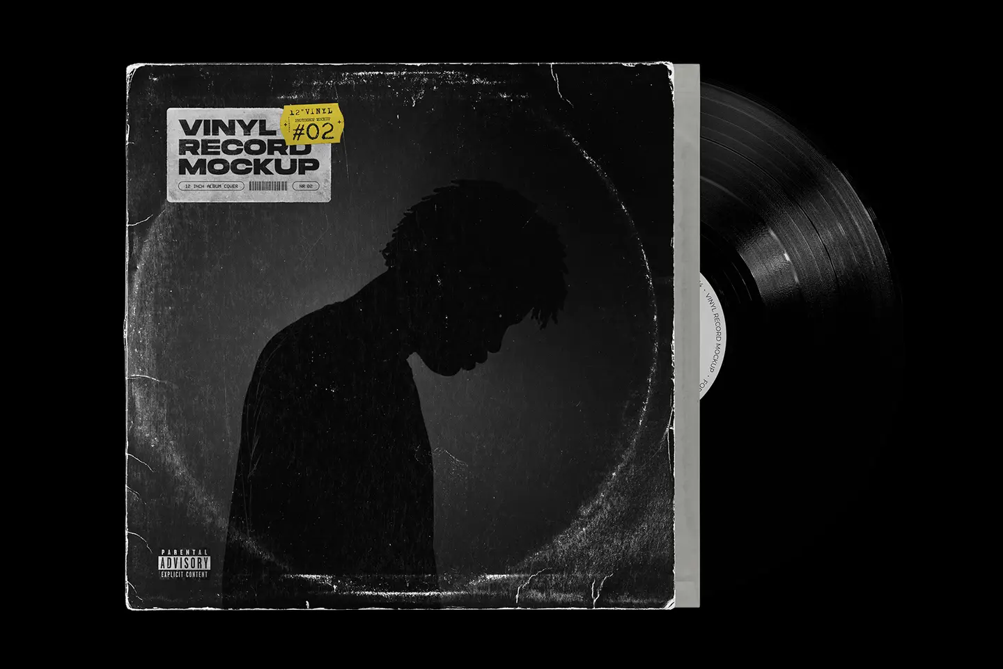 Realistic vinyl record mockup showing worn album cover and partially visible vinyl