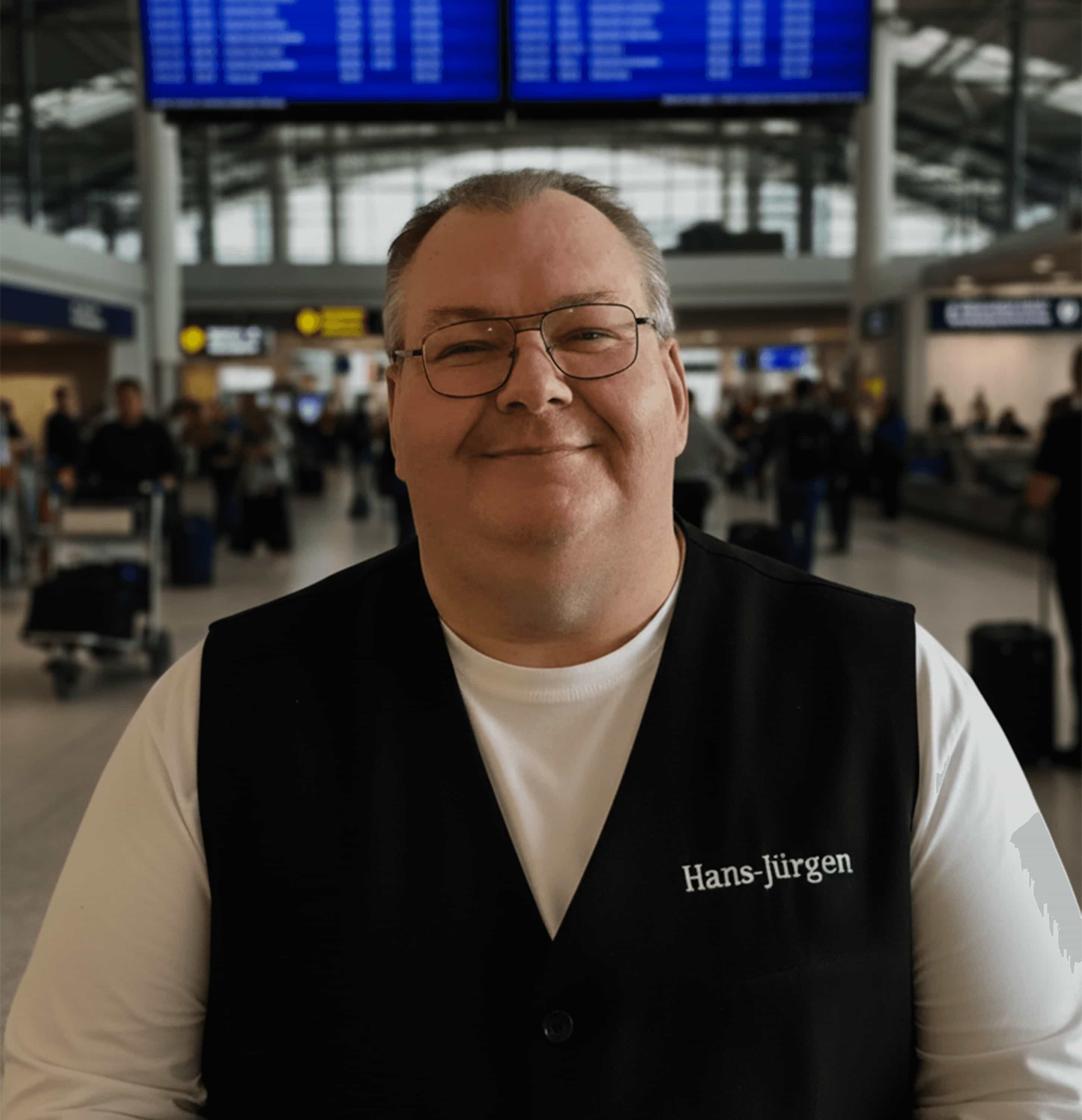 Ein Mann namens Hans-Jürgen, der eine Brille und eine schwarze Weste trägt, lächelt in die Kamera, während er in einem Flughafen steht.