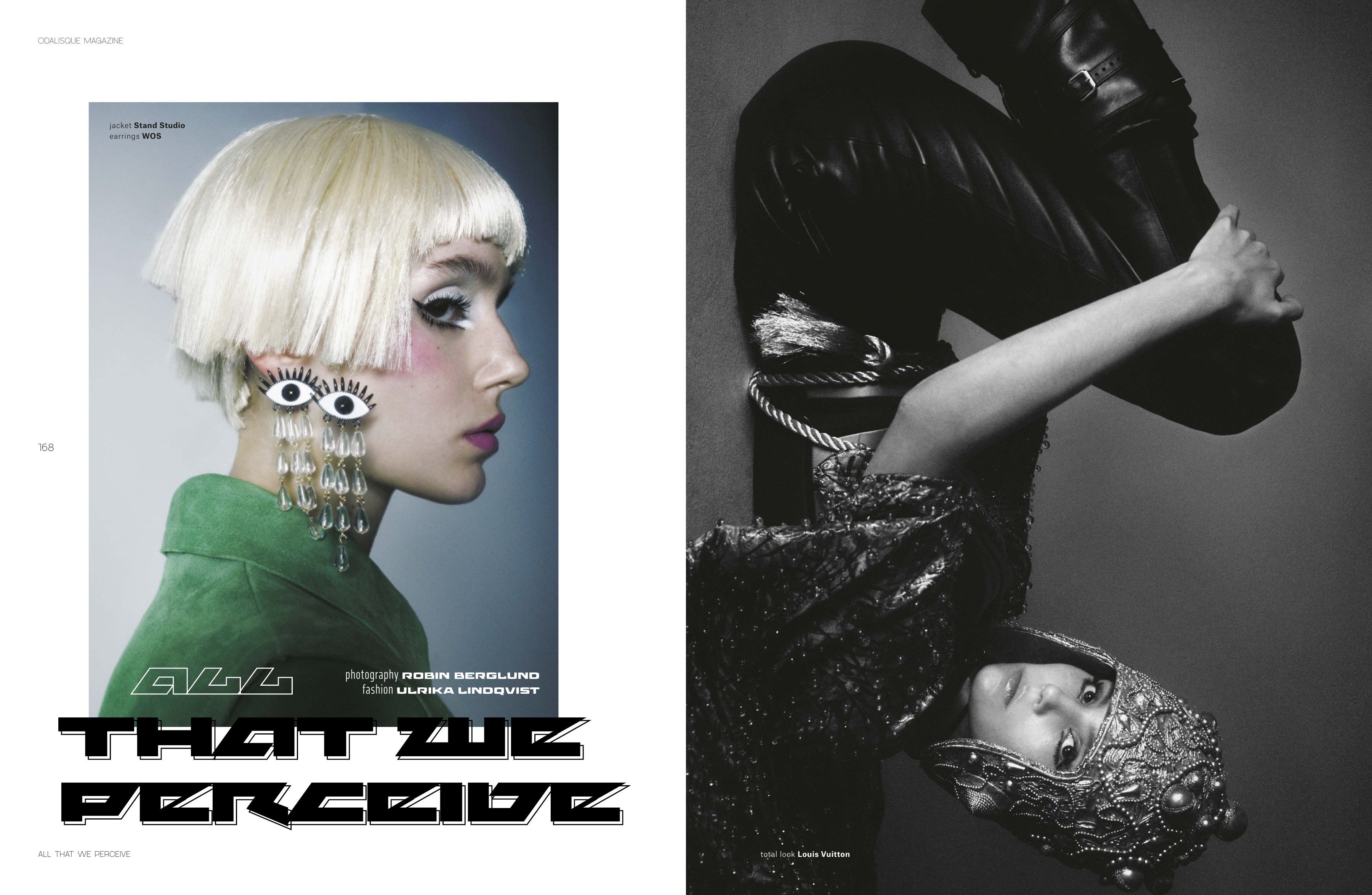 Fashion editorial with a green-clad model, layered display lettering and an inverted black-and-white portrait.