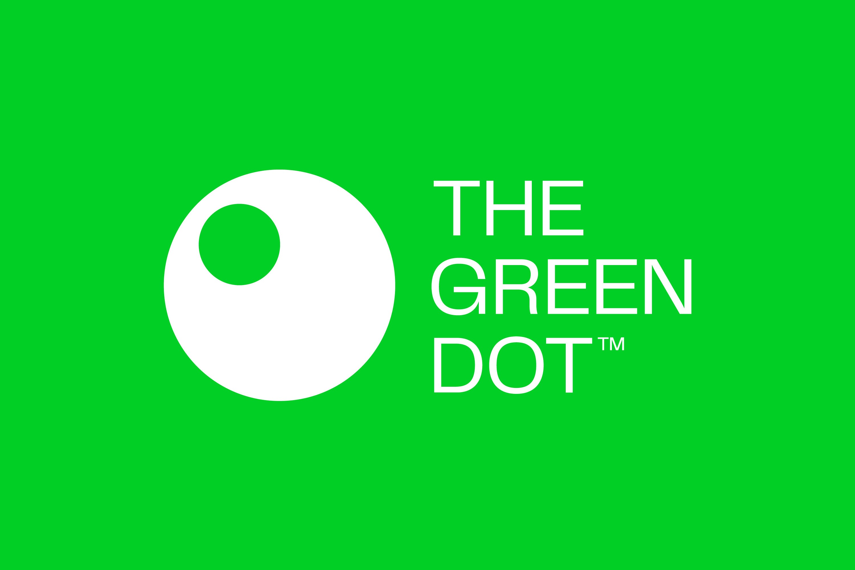 The Green Dot environment branding: A bright green background with “THE GREEN DOT” logo in white san-serif font and a white circle to the left with a smaller green circle inside of it.