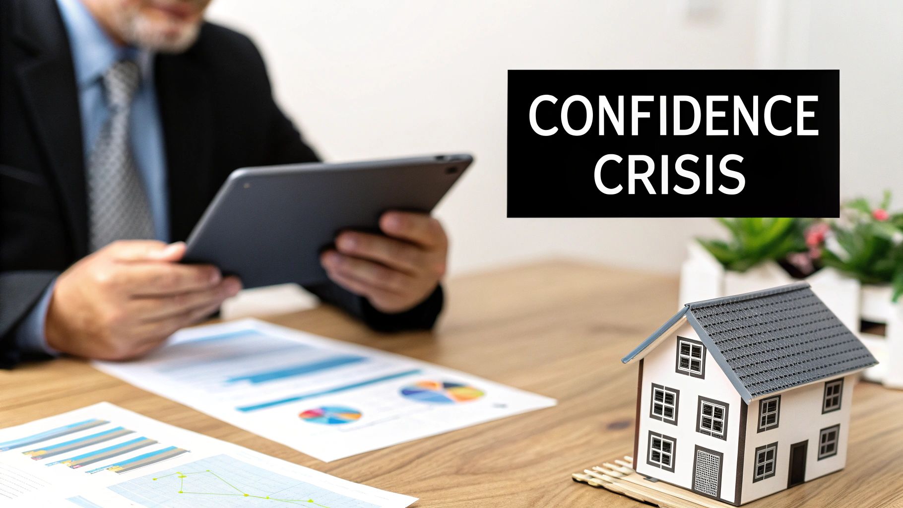 A businessman reviews financial charts on a tablet next to a miniature house model, signifying a 'confidence crisis' in the market.