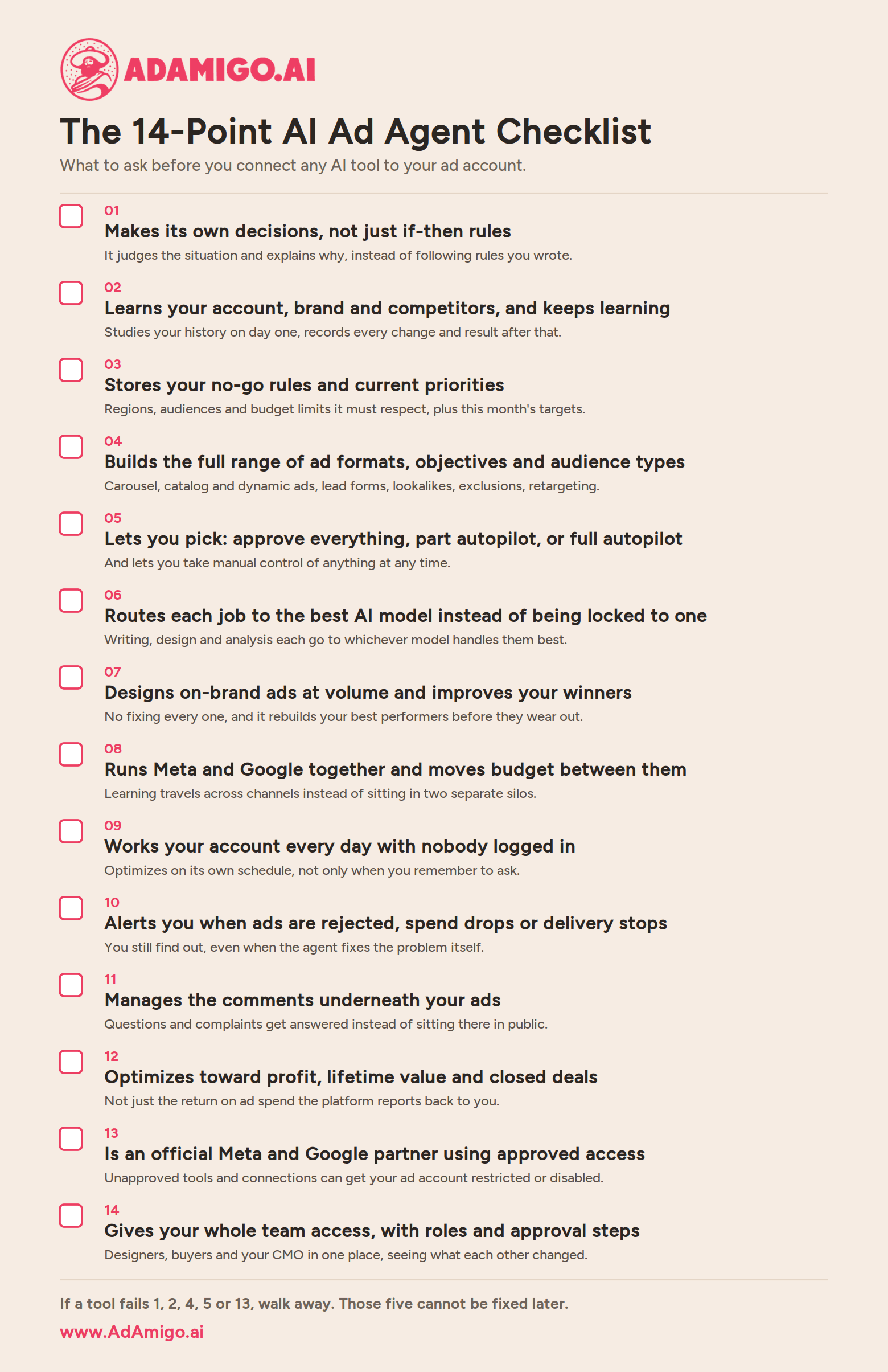 Checklist for evaluating an AI ad agent before connecting it to your Meta or Google ad account: whether it makes its own decisions or just follows rules, learns your account over time, can build every ad format and audience type, lets you choose between approval and full autopilot, is an approved Meta and Google partner, and supports your whole team.