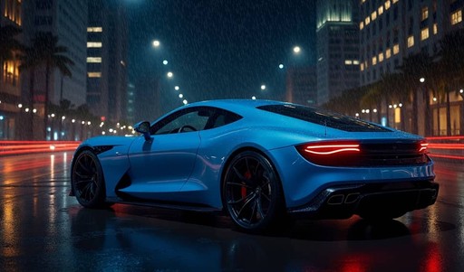 Vue arrière d'une voiture de sport bleue sur une rue de ville mouillée la nuit, sous la pluie, avec des traînées de lumière rouge et des gratte-ciels illuminés en arrière-plan.
