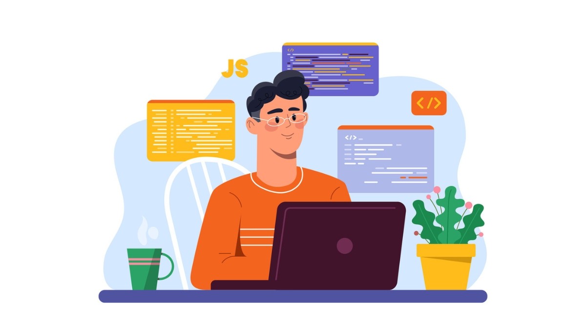 Illustration of a developer wearing glasses and an orange sweater working on a laptop, surrounded by colorful code snippets and a prominent “JS” label, representing JavaScript programming in a modern workspace.