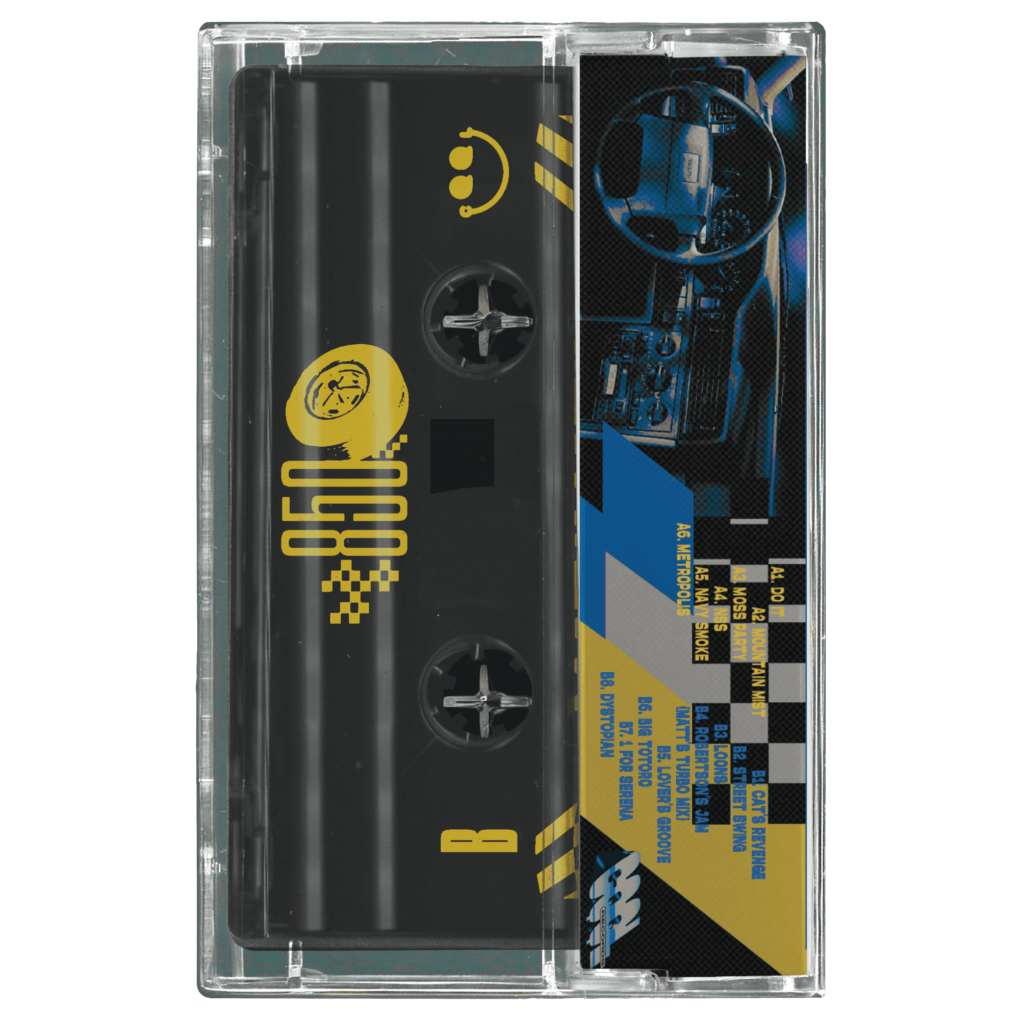 Cassette tape with a checkered design and yellow logo on a white background