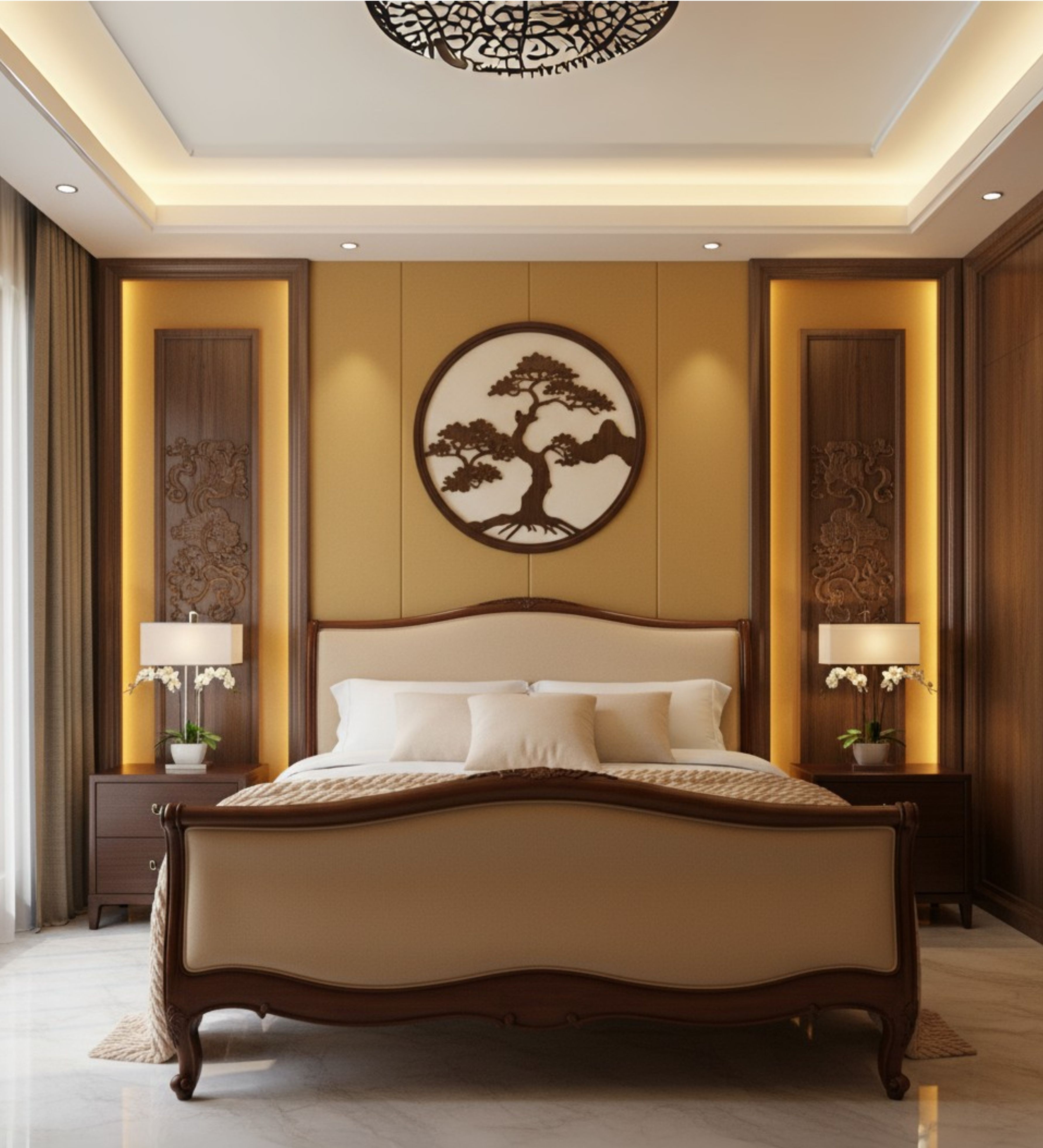 Panelled wooden bed with smooth headboard surface and softly rounded frame